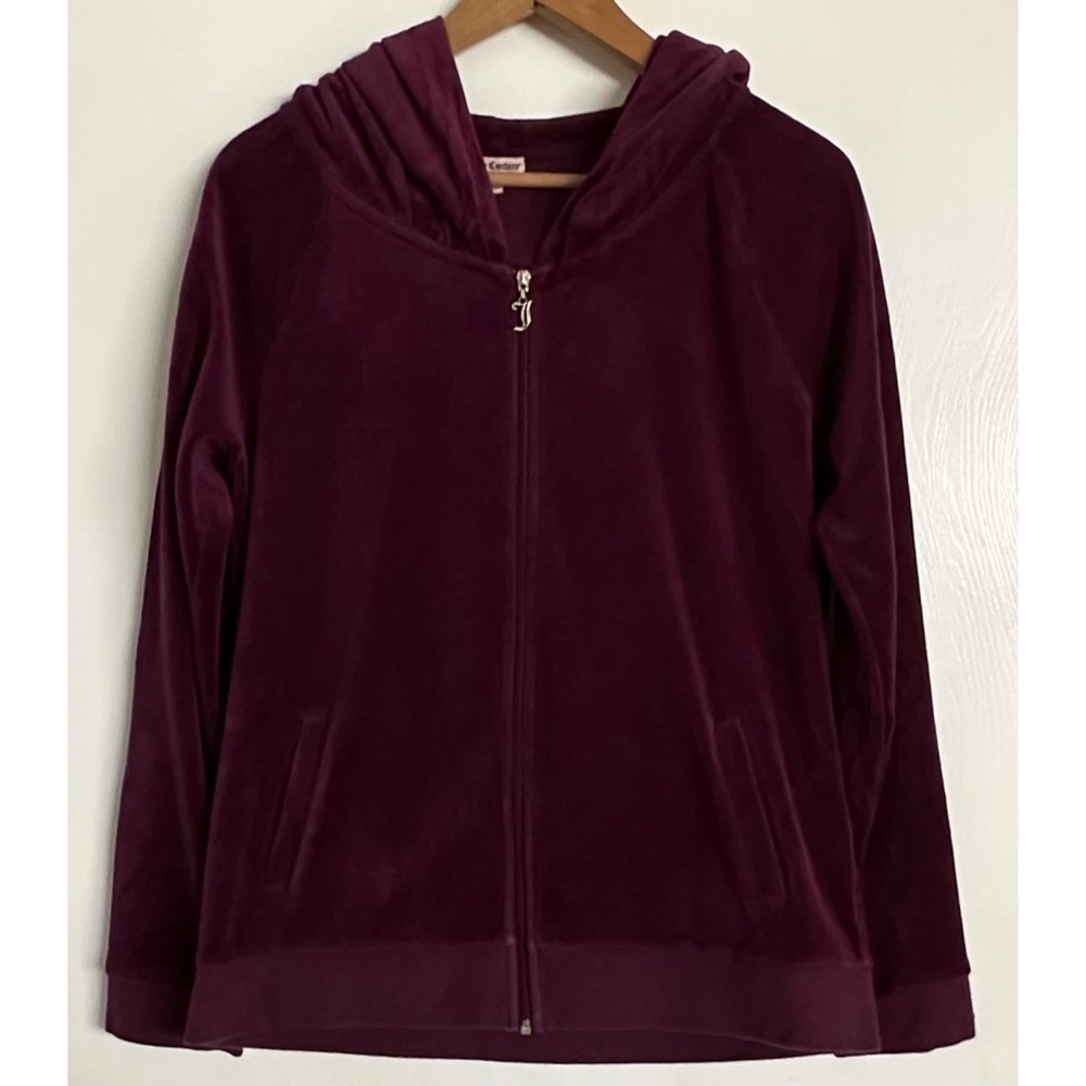 Juicy Couture Velour Hoodie Plum Purple‎ Silver Glitter Crest Logo L READ
